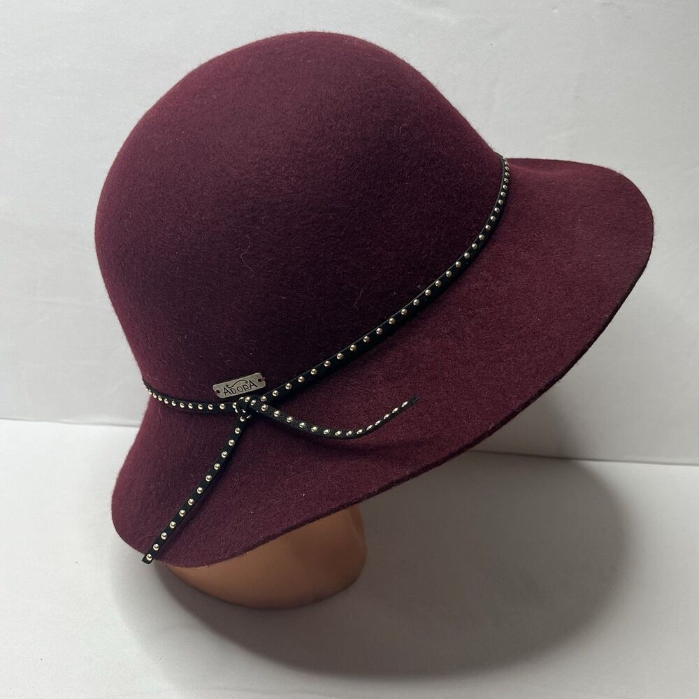 Adora Burgundy Wool Felt Cloche/Fedora Trim Brim Women’s Hat